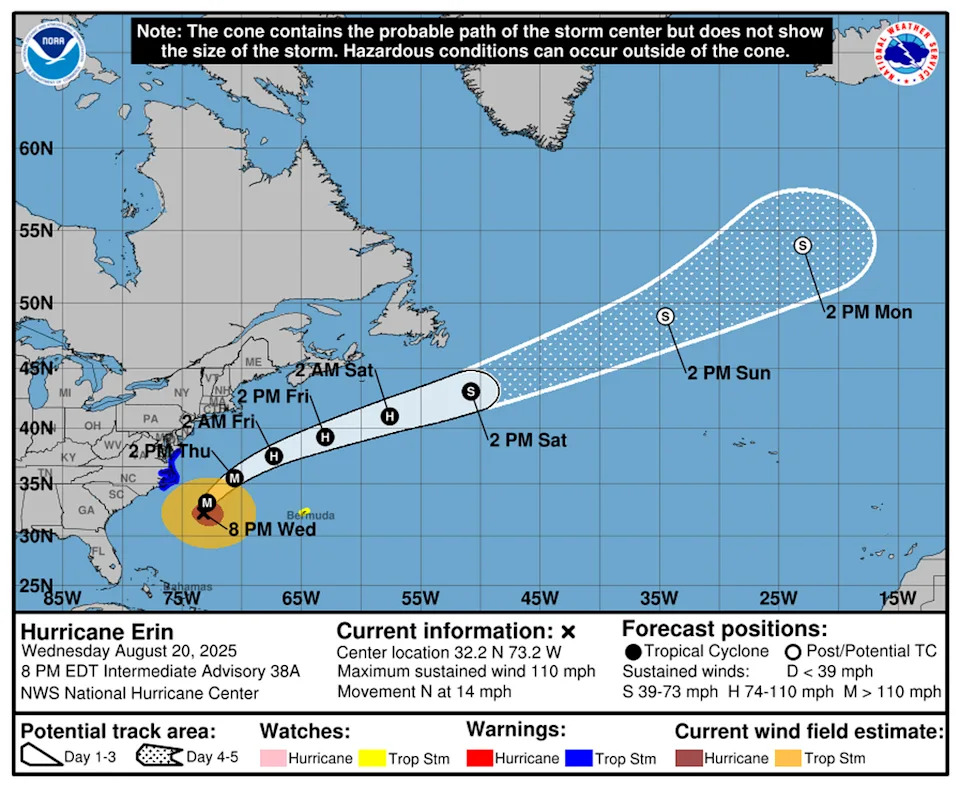 Hurricane Erin, a Category 2, has a massive wind field that will send tropical-storm-force winds over the coast of North Carolina and Virginia on Thursday.