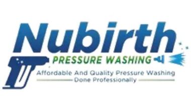 The Nubirth Pressure Washing logo features bold blue and green lettering with a spray nozzle graphic, symbolizing professional cleaning power and freshness.