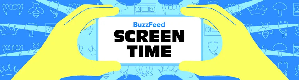 Hands holding a device displaying "BuzzFeed Screen Time" with illustrated background of various shapes and objects