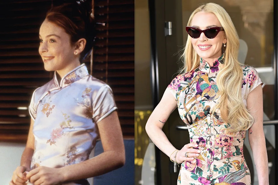 Left: Lindsay Lohan in 1998's The Parent Trap, left, and Lindsay Lohan in 2025 promoting Freakier Friday.
