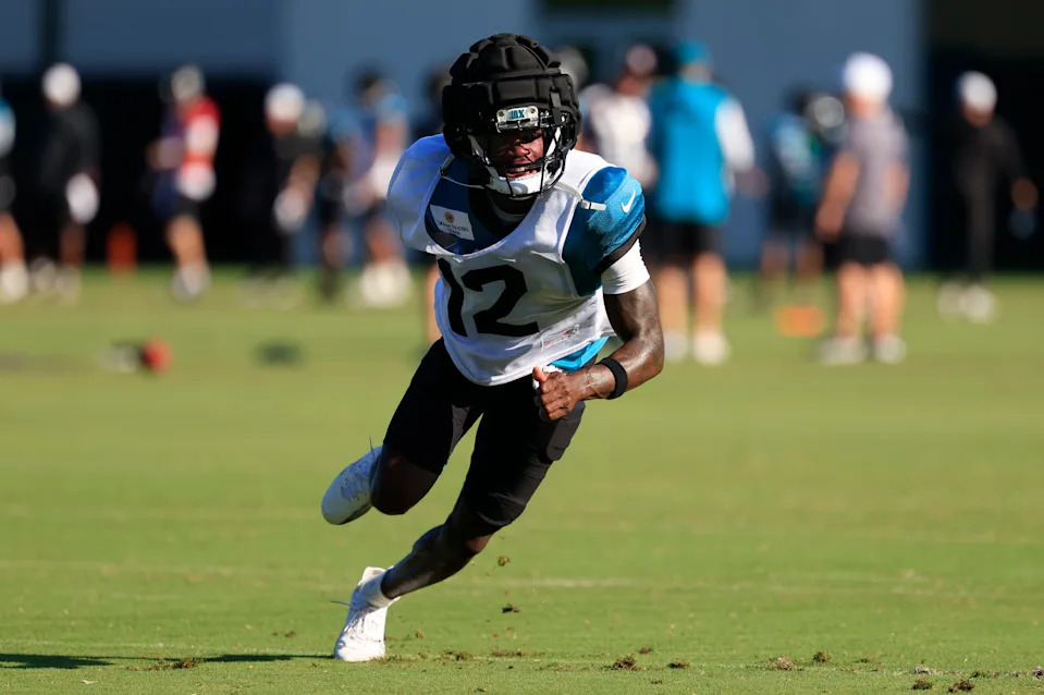 Jacksonville Jaguars wide receiver Travis Hunter (12) runs during an NFL training camp session at the Miller Electric Center, Wednesday, Aug. 6, 2025, in Jacksonville, Fla. [Corey Perrine/Florida Times-Union]