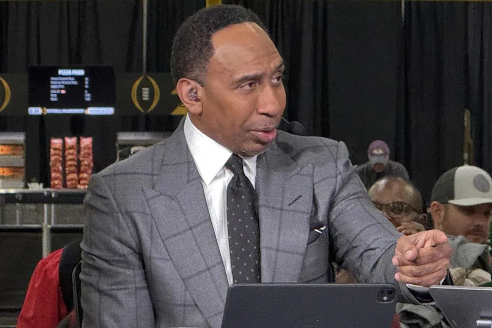 Jan 20, 2025; Atlanta, GA, USA; ESPN personality Stephen A. Smith on the ESPN First Take set at the CFP Fan Central at the George World Congress Center.Kirby Lee-Imagn Images&period;