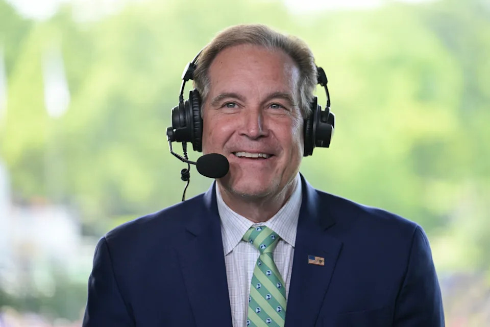 DUBLIN, OHIO - JUNE 08: CBS Sports commentator Jim Nantz in the booth during the third round of the Memorial Tournament presented by Workday at Muirfield Village Golf Club on June 8, 2024 in Dublin, Ohio. (Photo by Chris Condon/PGA TOUR via Getty Images)Chris Condon&sol;Getty Images