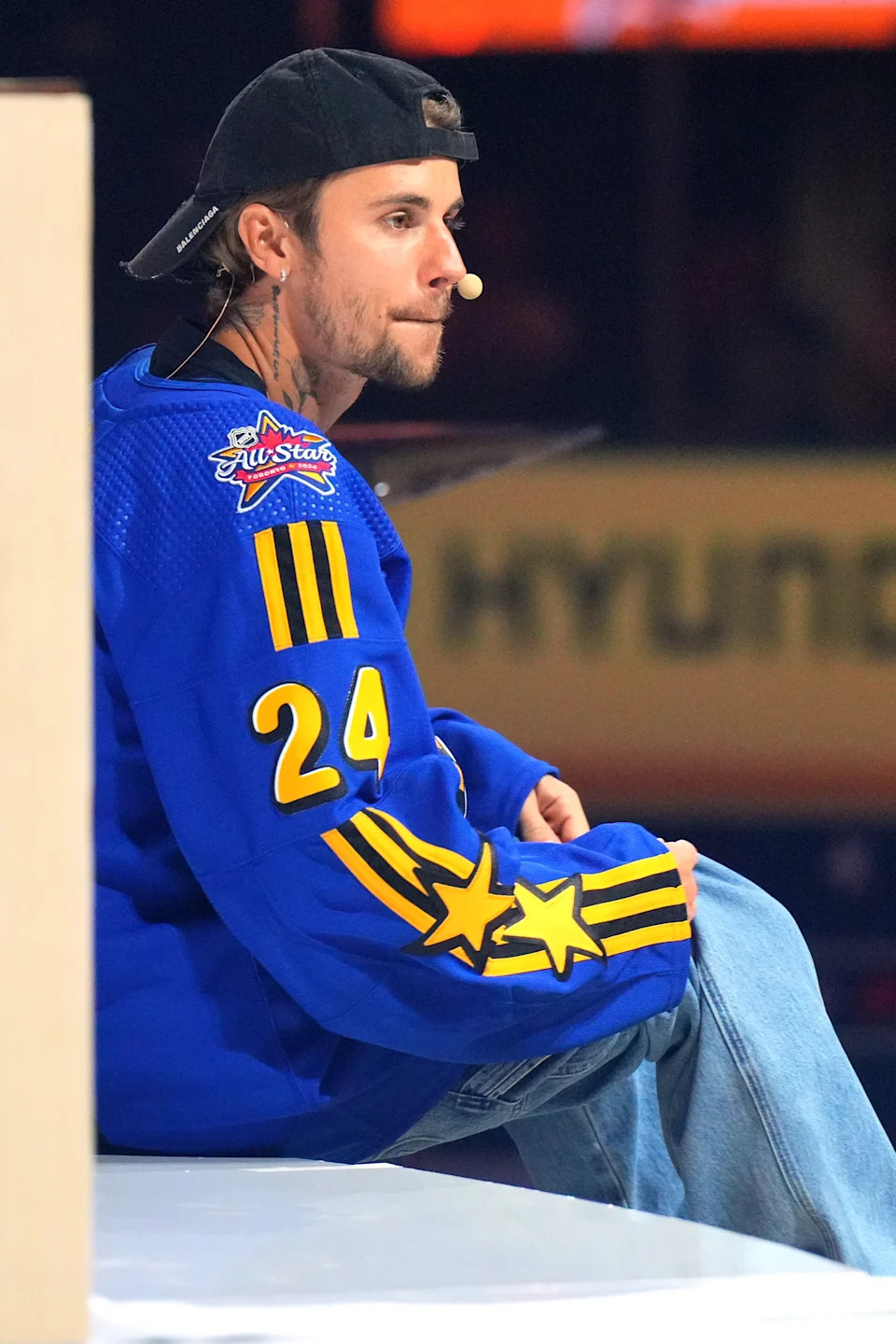 Justin Bieber in a a hockey jersey