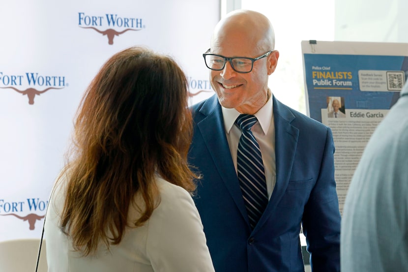 Former Dallas police chief Eddie García speaks attendees during a finalists meet-and-greet...