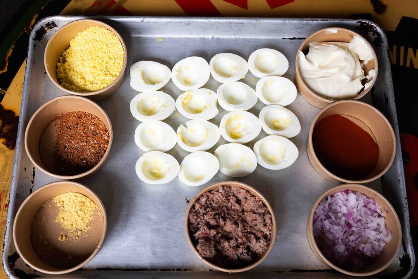 A bird's eye view of the mise en place for the filling in the Brisket Deviled Eggs at...