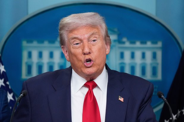 President Donald Trump speaks with reporters in the James Brady Press Briefing Room at the White House, Monday, Aug. 11, 2025, in Washington. (AP Photo/Alex Brandon)