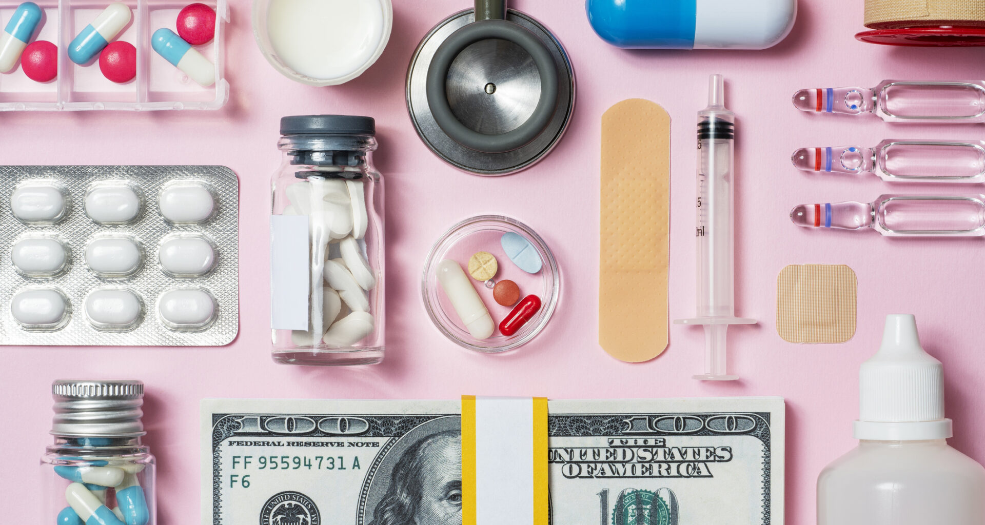 Medicine and money flat lay
