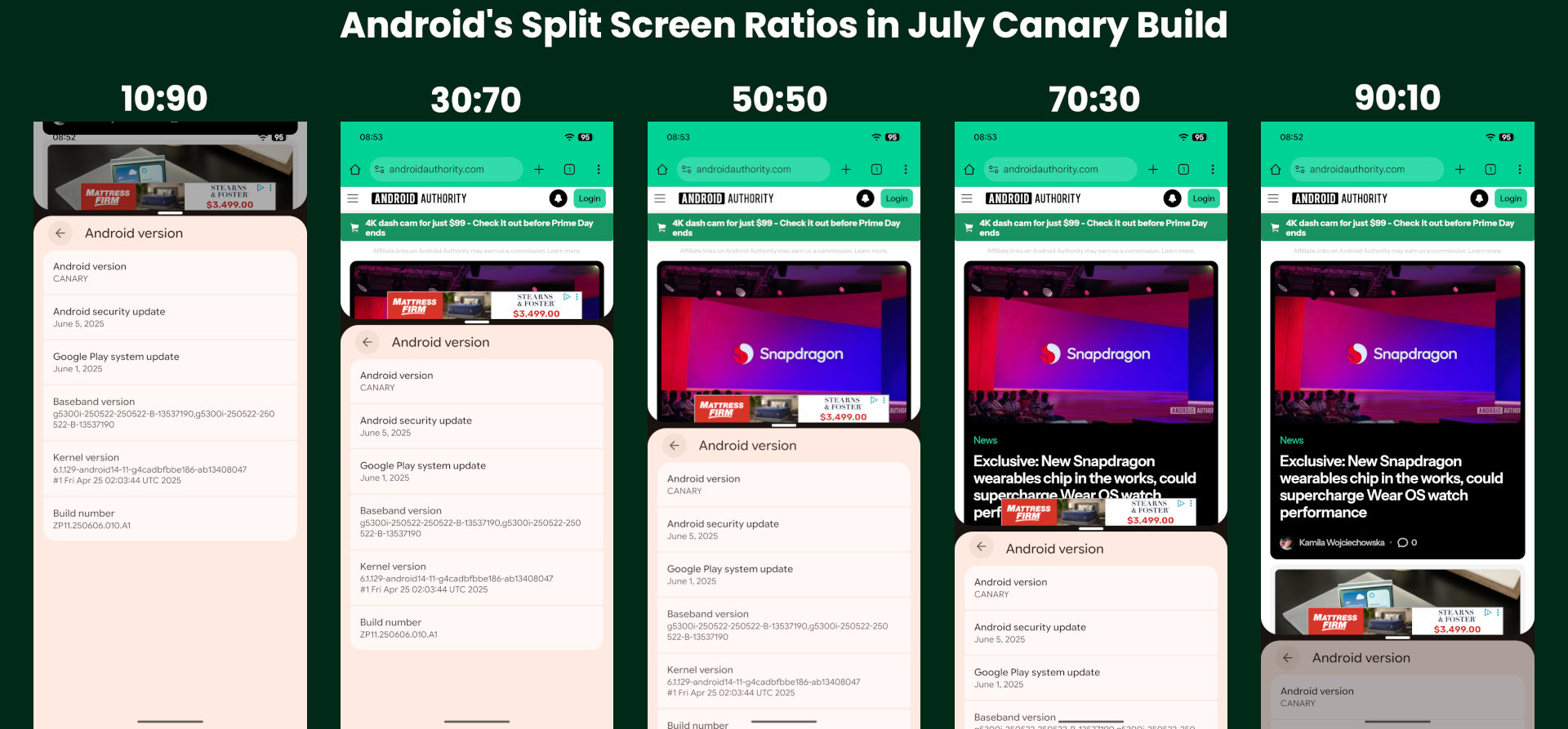 Android Split Screen ratios in July Canary build