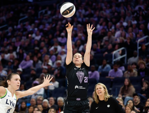 Golden State Valkyries' Kate Martin (20) takes a shot against the Minnesota Lynx in the third quarter at the Chase Center in San Francisco, Calif., on Sunday, June 1, 2025. (Nhat V. Meyer/Bay Area News Group)