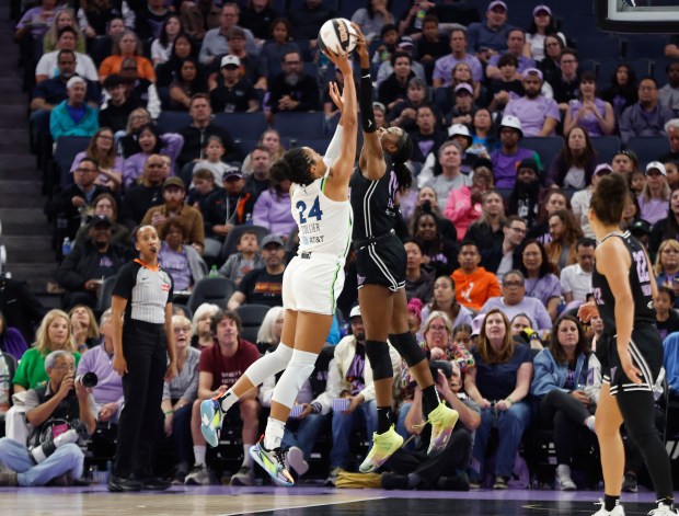 Golden State Valkyries' Temi Fagbenle (14) blocks a shot against Minnesota Lynx's Napheesa Collier (24) in the first quarter at the Chase Center in San Francisco, Calif., on Sunday, June 1, 2025. (Nhat V. Meyer/Bay Area News Group)