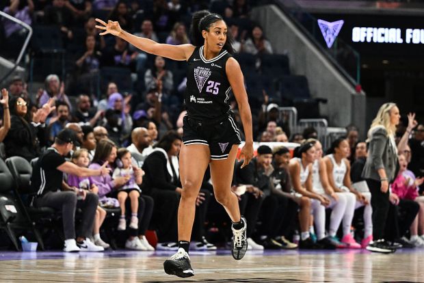 Monique Billings #25 of the Golden State Valkyries celebrates a play against the Las Vegas Aces during the first half at Chase Center on June 07, 2025 in San Francisco, California. (Photo by Thien-An Truong/Getty Images)