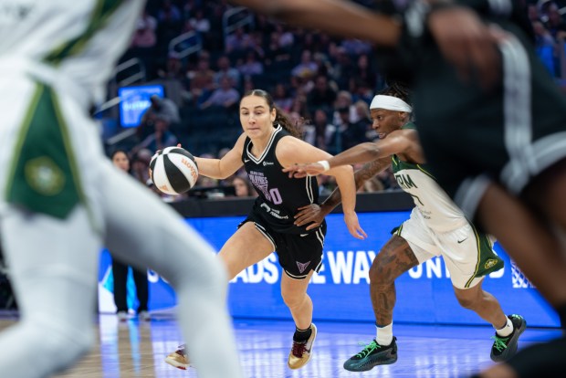 Carla Leite of the Valkyries drives in the first half against Erica Wheeler of the Seattle Storm at the Chase Center in San Francisco, CA on Saturday, June 14, 2025. (Don Feria for Bay Area News Group)