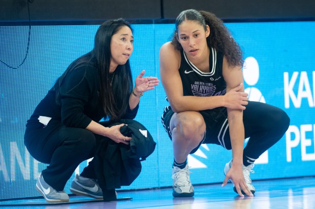 Golden State Valkyries Head Coach Natalie Nakase speaks to Veronica Burton on the sidelines in the second half against the Seattle Storm at the Chase Center in San Francisco, CA on Saturday, June 14, 2025. (Don Feria for Bay Area News Group)