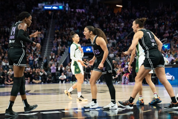 Veronica Burton of the Golden State Valkyries emotes after a call in the second half against the Seattle Storm at the Chase Center in San Francisco, CA on Saturday, June 14, 2025. (Don Feria for Bay Area News Group)