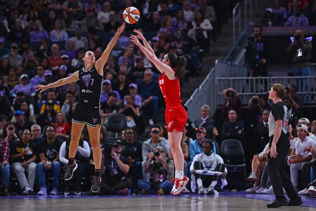Golden State Valkyries' Stephanie Talbot (7) guards Indiana Fever's Caitlin Clark (22) in the second quarter of their WNBA game at Chase Center in San Francisco, Calif., on Thursday, June 19, 2025. (Jose Carlos Fajardo/Bay Area News Group)