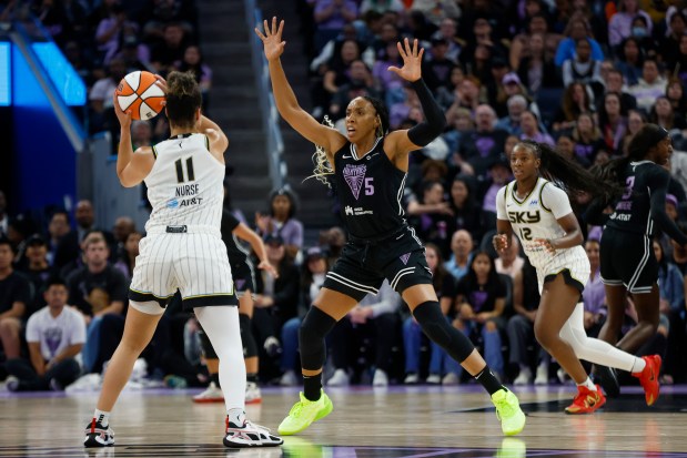 Golden State Valkyries' Kayla Thornton (5) holds her hands up against Chicago Sky's Kia Nurse (11) in the third quarter at the Chase Center in San Francisco, Calif., on Friday, June 27, 2025. (Shae Hammond/Bay Area News Group)