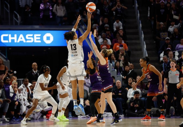 Golden State Valkyries' Janelle Salaün (13) scores the game tying basket with 6 second left against the Phoenix Mercury in the fourth quarter at the Chase Center in San Francisco, Calif., on Monday, July 14, 2025. (Nhat V. Meyer/Bay Area News Group)