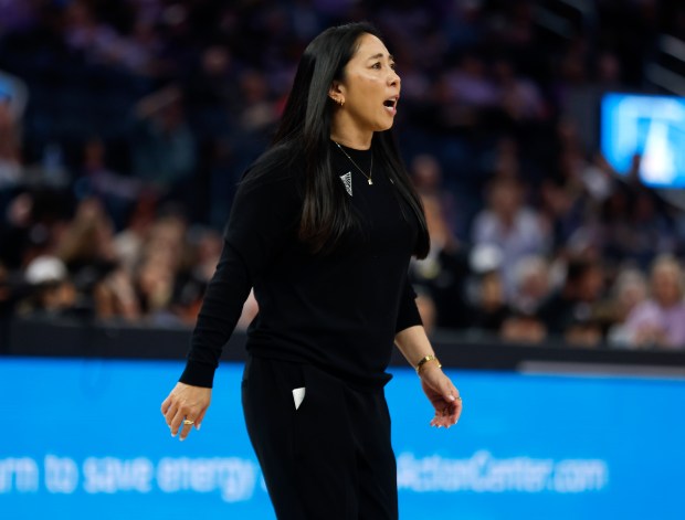 Golden State Valkyries head coach Natalie Nakase (35) coaches during their game against the Phoenix Mercury in the third quarter at the Chase Center in San Francisco, Calif., on Monday, July 14, 2025. (Nhat V. Meyer/Bay Area News Group)