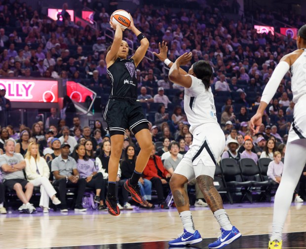 Valkyries' Iliana Rupert (12) takes a shot against The Las Vegas Aces' NaLyssa Smith (3) in the first quarter at the Chase Center in San Francisco, Calif., on Wednesday, Aug. 6, 2025. (Shae Hammond/Bay Area News Group)