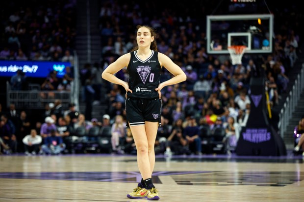 Valkyries' Carla Leite (0) stands on the court during a game against The Las Vegas Aces in the fourth quarter at the Chase Center in San Francisco, Calif., on Wednesday, Aug. 6, 2025. (Shae Hammond/Bay Area News Group)