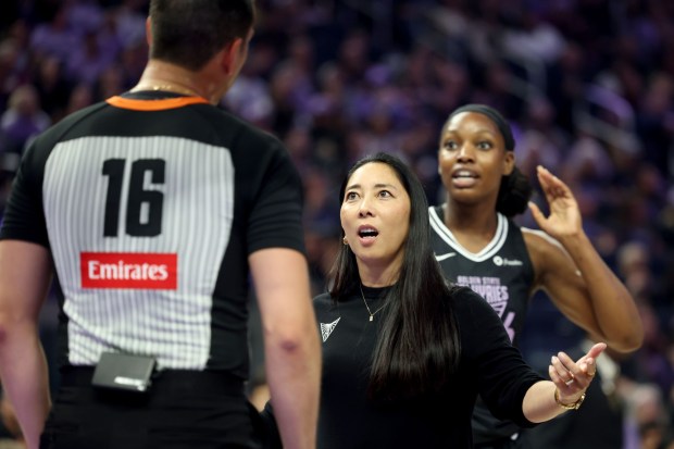 Golden State Valkyries head coach Natalie Nakase reacts after a referee's call in the second quarter of a WNBA game against the Phoenix Mercury at Chase Center in San Francisco, Calif., on Tuesday, May 19, 2025. (Ray Chavez/Bay Area News Group)