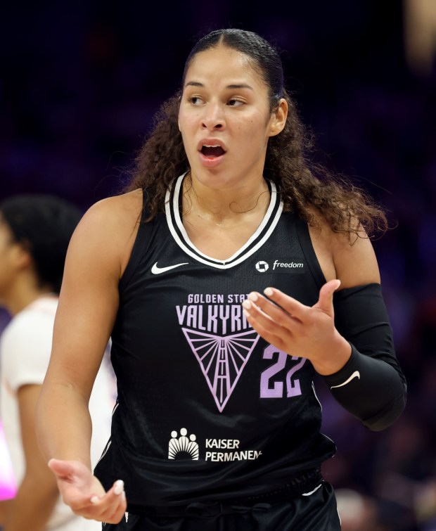 Golden State Valkyries' Veronica Burton (22) reacts after she was hit on the mouth during a defensive play against the Phoenix Mercury in the fourth quarter of a WNBA game at Chase Center in San Francisco, Calif., on Tuesday, May 19, 2025. (Ray Chavez/Bay Area News Group)