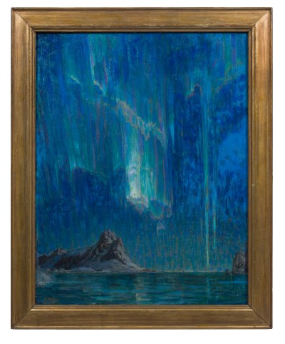 A painting of a dramatic blue-streaked sky over the ocean.