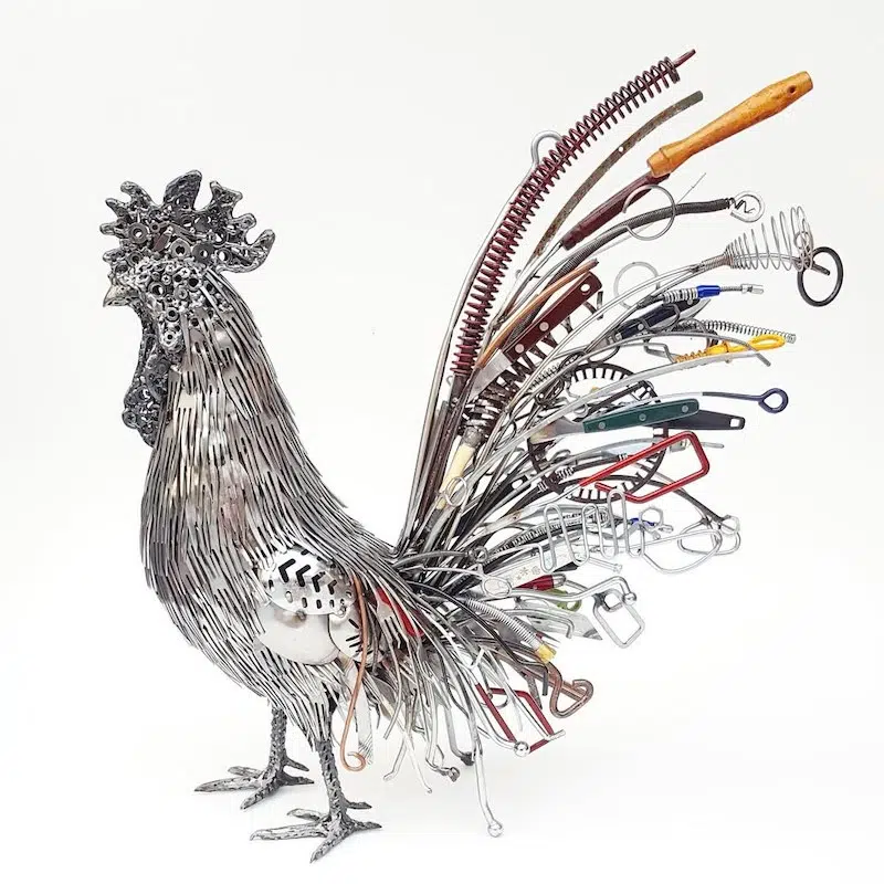 Sculpture of a rooster by Brian Mock