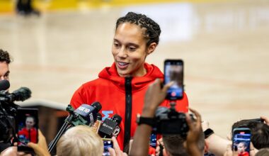 Brittney Griner smiles as she addresses the Phoenix media before her return to the court against her former team, the Mercury, on July 23, 2025. (Photo by Aishling Cavanaugh/Cronkite News)