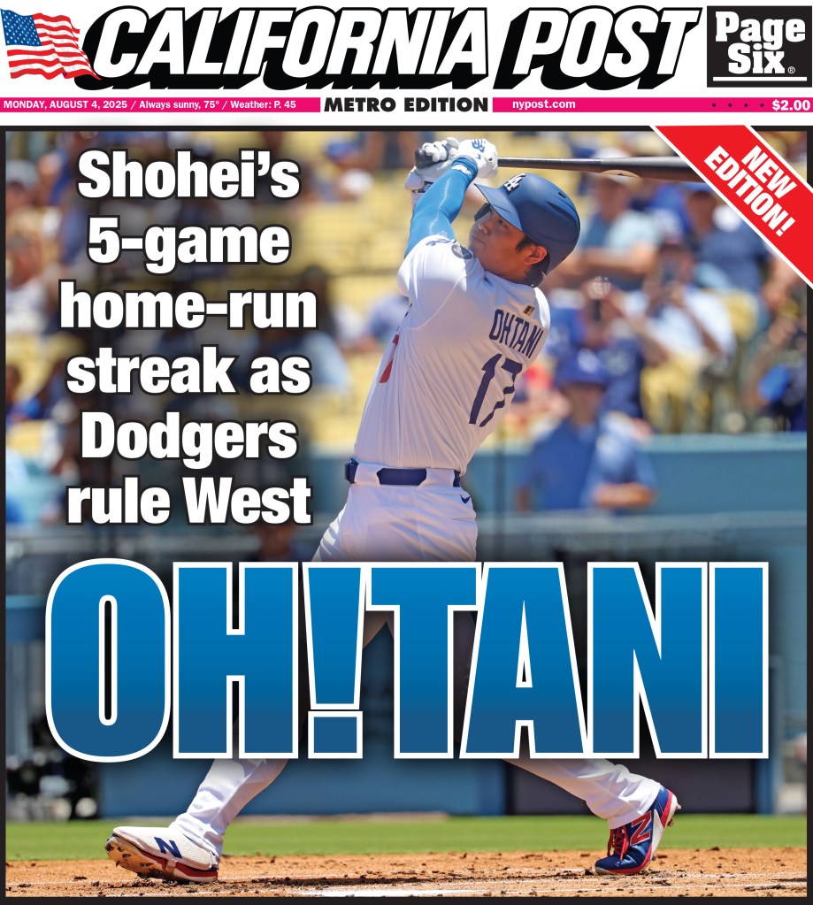 California Post newspaper cover: Shohei Ohtani's 5-game home run streak.