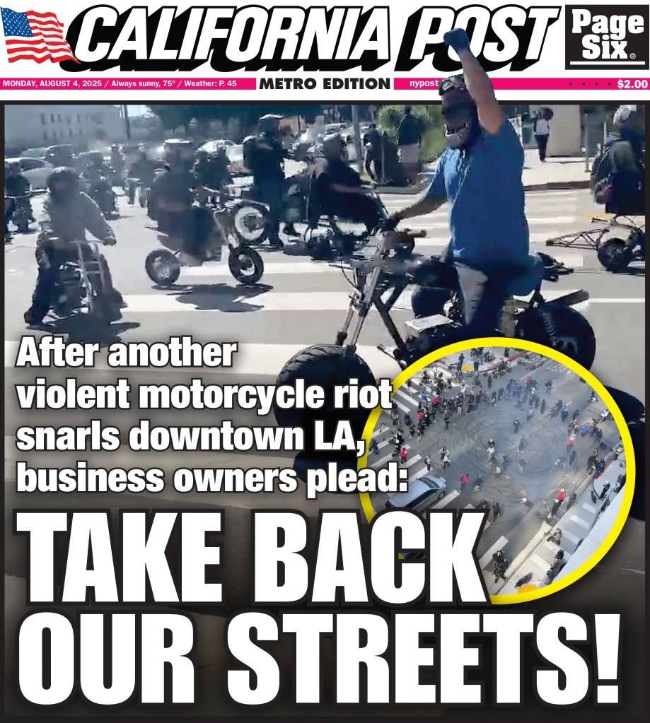 Newspaper headline: "Take Back Our Streets!" following a violent motorcycle riot in downtown LA.