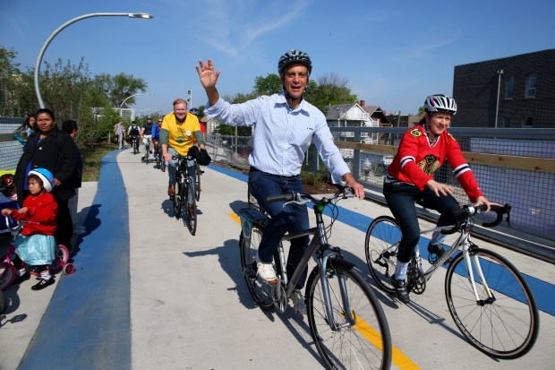 Mayor Rahm Emanuel biking with Susana Mendoza, the city clerk...