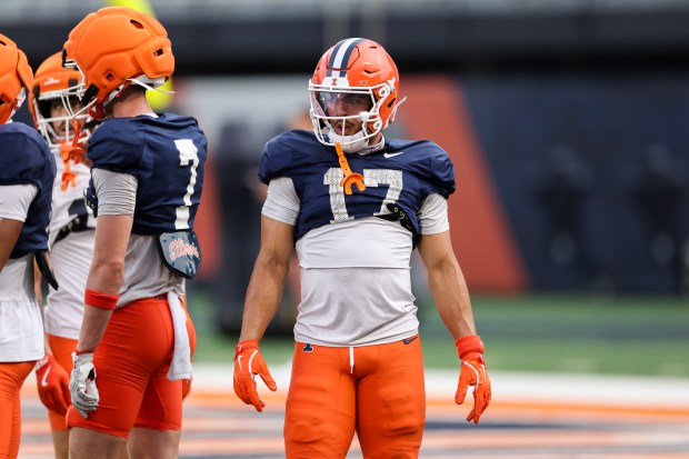 Illinois wide receiver Collin Dixon attends practice at Memorial Stadium on Aug. 7, 2025, in Champaign. (Armando L. Sanchez/Chicago Tribune)