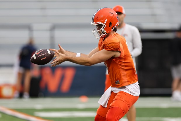 Illinois quarterback Luke Altmyer runs drills during practice at Memorial Stadium on Aug. 7, 2025, in Champaign. (Armando L. Sanchez/Chicago Tribune)