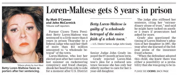 Betty Loren-Maltese, former Cicero town president who lost her elected post after her conviction on racketeering conspiracy and fraud charges, was sentenced on Jan. 9, 2003, to more than eight years in prison. (Chicago Tribune)