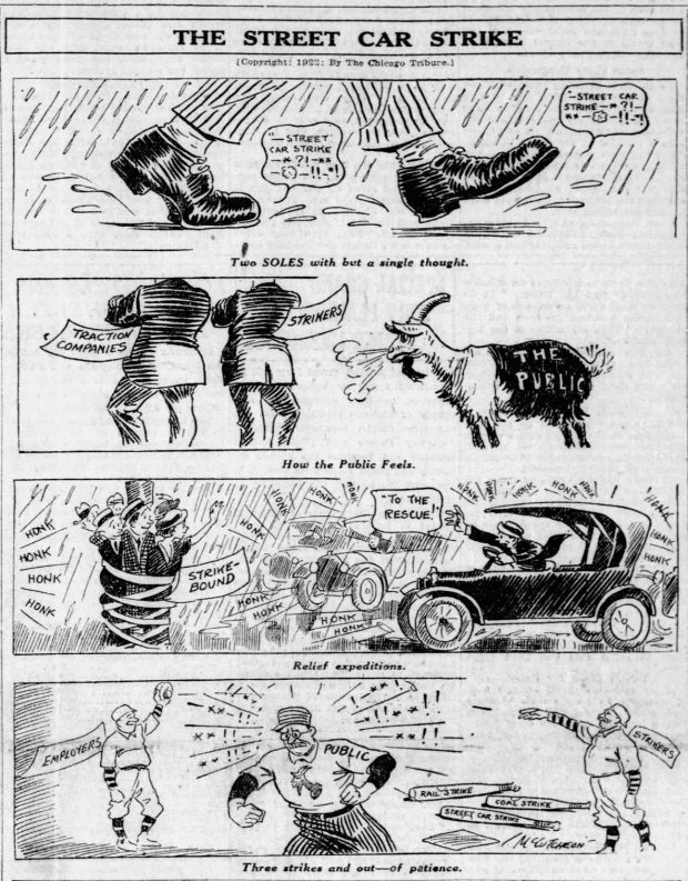 Tribune editorial cartoonist John T. McCutcheon depicted Chicagoans' confusion and frustration in getting around after more than 20,000 street car and elevated train workers voted to walk off the job on Aug. 1, 1922. (Chicago Tribune)