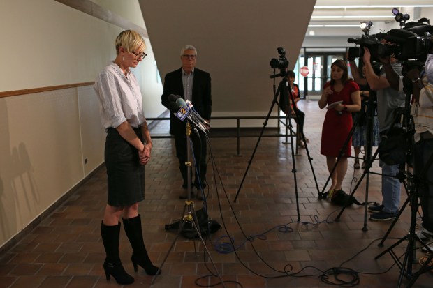 Alexandra Nelson, sister of Uber driver Grant Nelson who was stabbed to death on May 30, 2017, speaks to the media after a bond hearing for Eliza Wasni at the Skokie Courthouse on May 31, 2017. Wasni, age 16, was charged as an adult. (Chris Walker/Chicago Tribune)