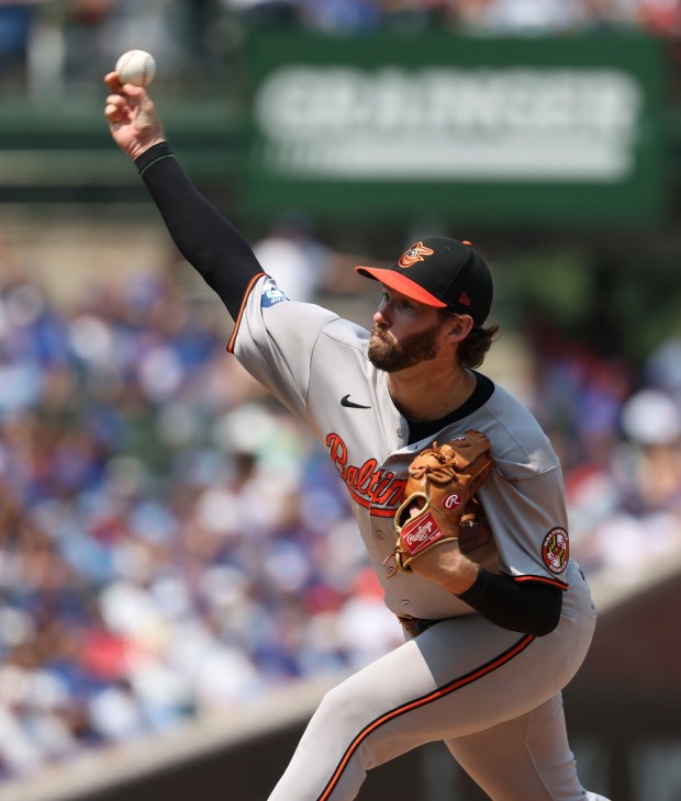 Baltimore Orioles pitcher Brandon Young delivers to the Chicago Cubs in the third inning Sunday, Aug. 3, 2025, at Wrigley Field. (Brian Cassella/Chicago Tribune)