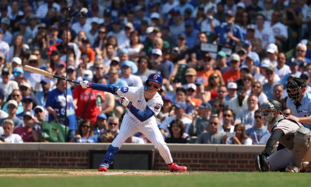 Chicago Cubs outfielder Pete Crow-Armstrong strikes out with runners on base in the seventh inning against the Baltimore Orioles on Sunday, Aug. 3, 2025, at Wrigley Field. (Brian Cassella/Chicago Tribune)
