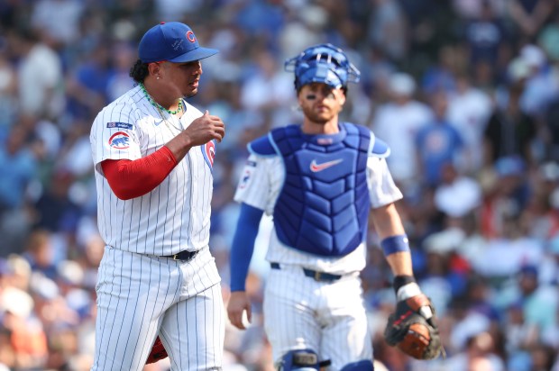 Chicago Cubs pitcher Daniel Palencia reacts after blowing the save against the Baltimore Orioles in the ninth inning Sunday, Aug. 3, 2025, at Wrigley Field. (Brian Cassella/Chicago Tribune)