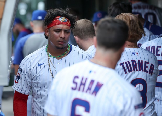Chicago Cubs pitcher Daniel Palencia reacts after blowing the save against the Baltimore Orioles in the ninth inning Sunday, Aug. 3, 2025, at Wrigley Field. (Brian Cassella/Chicago Tribune)