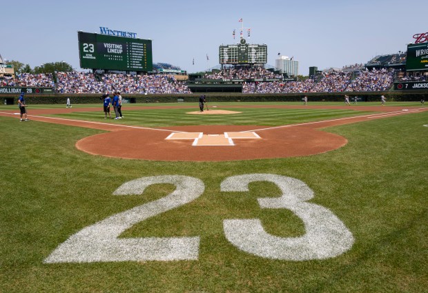 Home plate is marked with a #23 for Ryne Sandberg before the Chicago Cubs and Baltimore Orioles play Sunday, Aug. 3, 2025, at Wrigley Field. (Brian Cassella/Chicago Tribune)