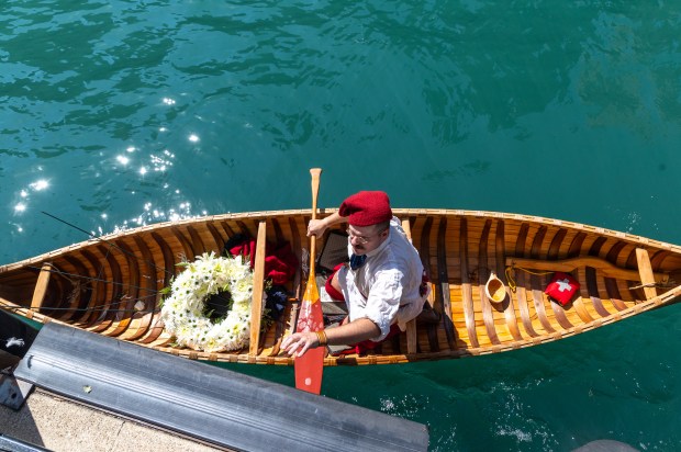 Joe Gamble, senior museum associate at the Bridgehouse Museum, delivers...