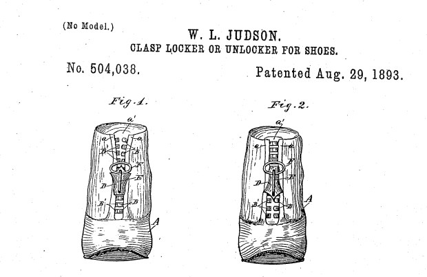 The patent for a "clasp locker" for shoes, which was granted to Chicago inventor Whitcomb Judson on Aug. 29, 1893, was considered an early model of the zipper. (U.S. Patent Office)