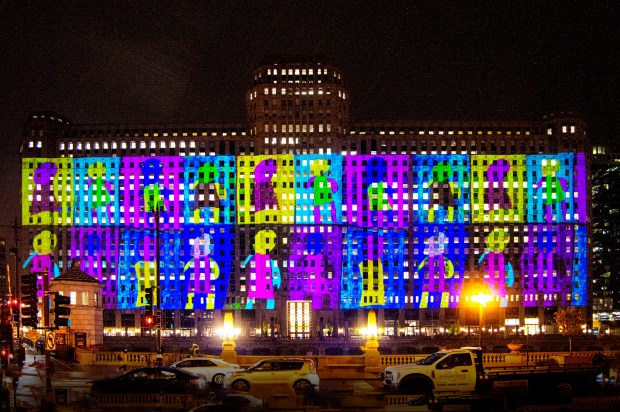 "City Circle Heart" is a project by the Chicago nonprofit Arts of Life that will be displayed on Art on the Mart over the Chicago Riverwalk from Sept. 11 to Oct. 5 and Dec. 4-28, featuring the work of artists Marcelo Añón, Veronica Cuculich, Stefan Harhaj, Hector Jones and Maria Vanik. (Provided by Arts of Life)