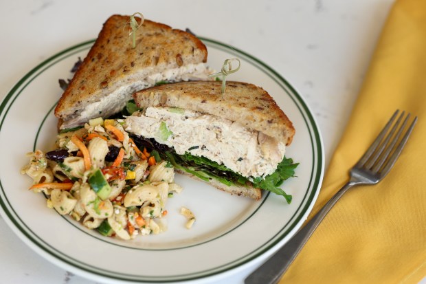 The chicken salad sandwich with a side of pasta salad...