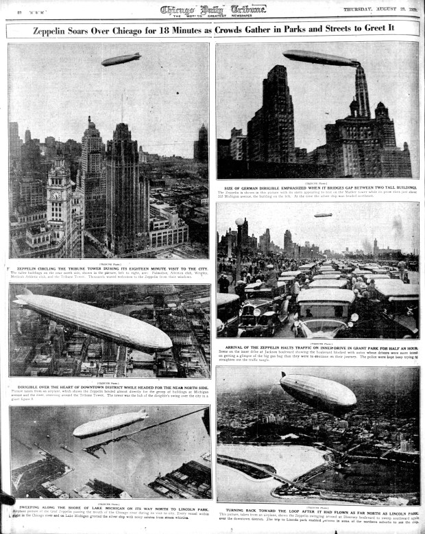 The Graf Zeppelin's 18-minute flight over Chicago on Aug. 28, 1929, caused traffic to halt and spectators to rush outside to get a glimpse of the silver dirigible, which was on its way to Lakehurst, New Jersey, to complete its trip around the world in 21 days. (Chicago Tribune)