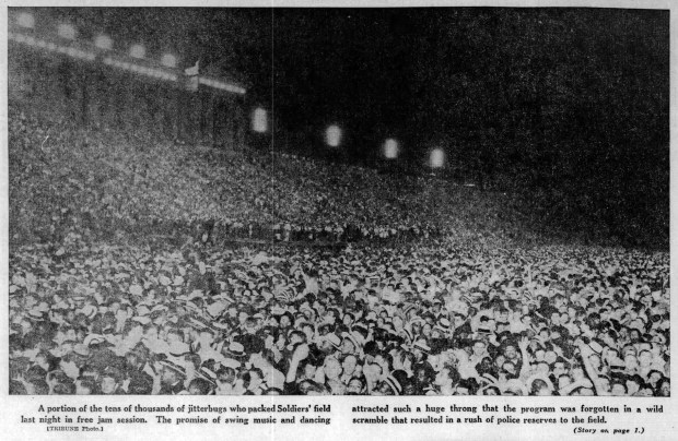 At least 100,000 dancers mostly in their teens jammed Soldier Field on Aug. 23, 1938, for a free night of entertainment highlighted by dozens of bands. (Chicago Tribune)