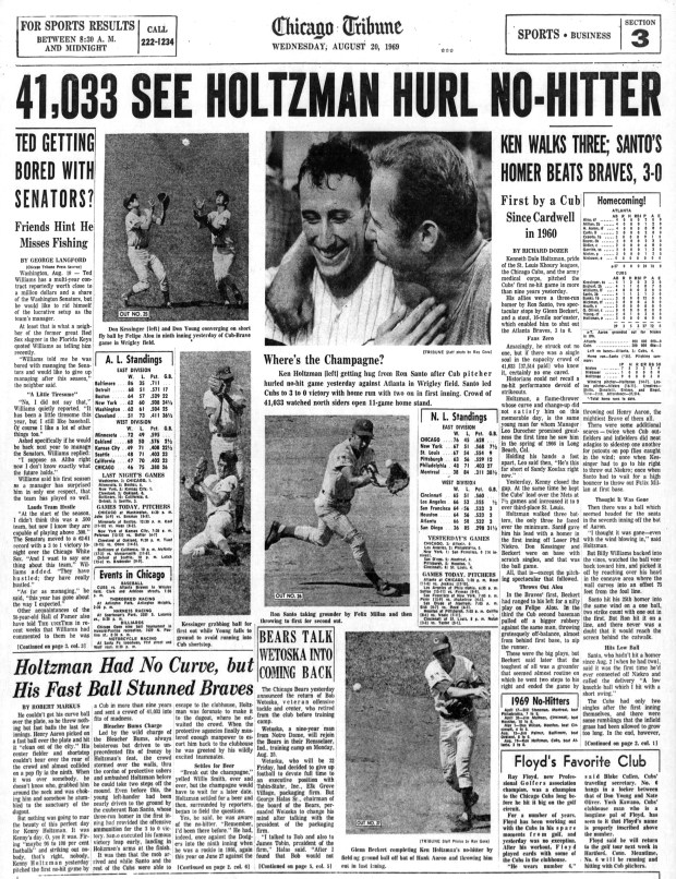 Chicago Cubs pitcher Ken Holtzman's no-hitter on Aug. 19, 1969, against the Atlanta Braves at Wrigley Field was the first for the franchise in nine years. Holtzman earned his second no-hitter with the Cubs in 1971. (Chicago Tribune)